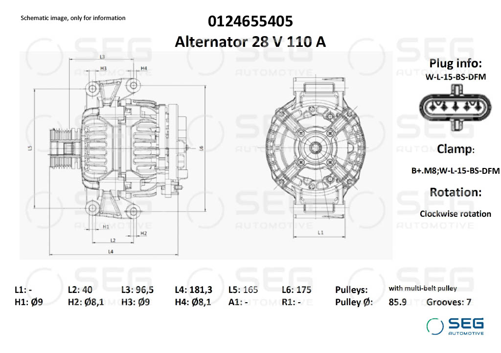 Alternator SEG 0 124 655 405 28V 110a