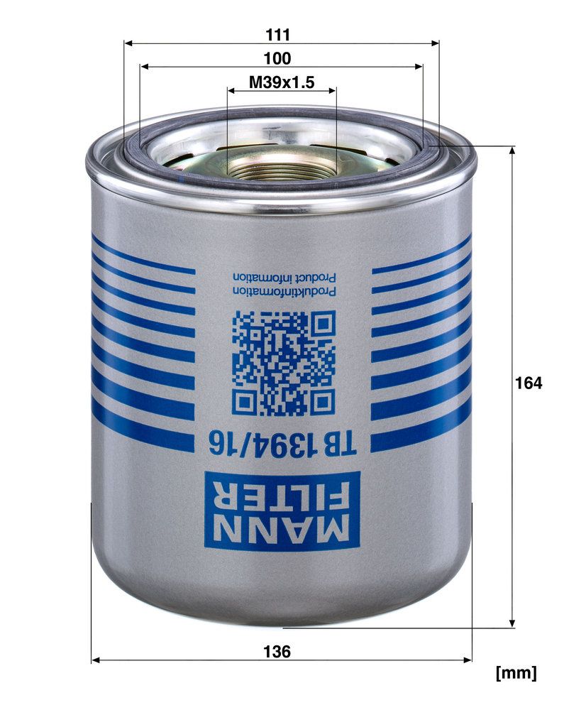 TB 1394/16 X Cartuș uscător aer sistem pneumatic MANN-FILTER